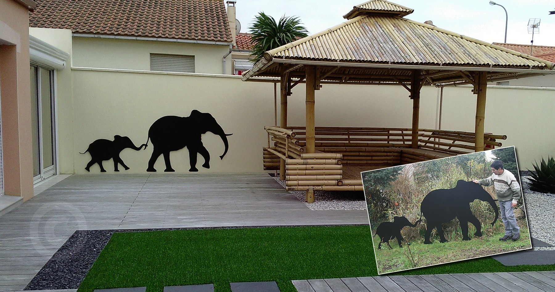  Mère éléphant et son petit en acier 3mm, décor patio client .